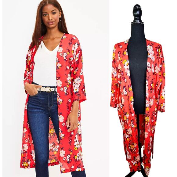 New LOFT Duster Wrap Kimono Red Floral Lightweight Summer Layering M/L Boho - Picture 1 of 11